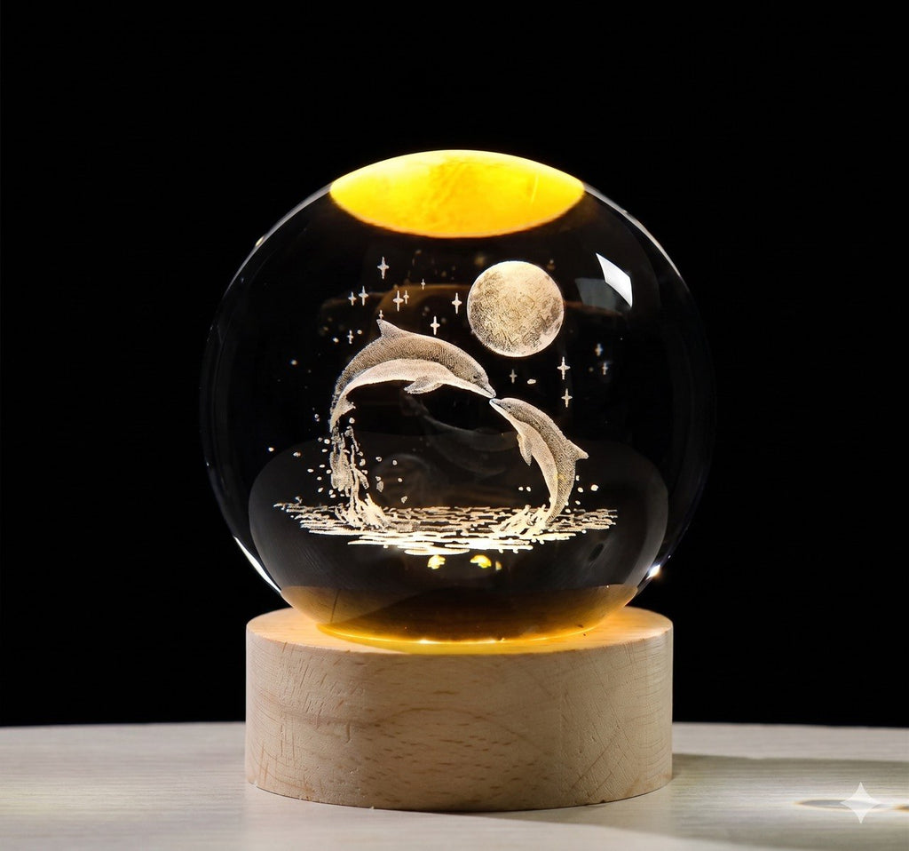 Glass Lamp 3D Moon Dolphin Lamp With Base of Living Room Ornate
