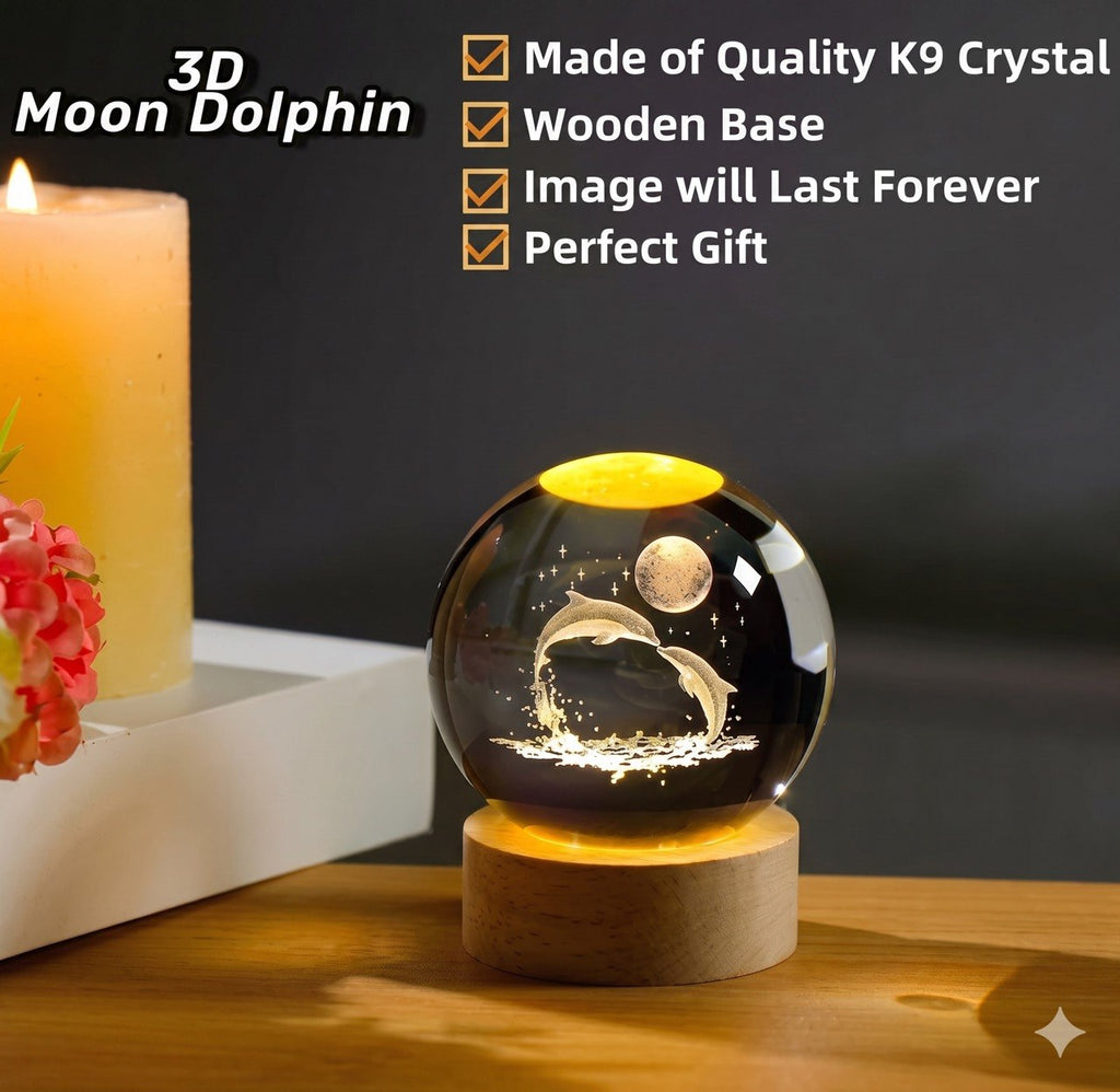 Glass Lamp 3D Moon Dolphin Lamp With Base of Living Room Ornate