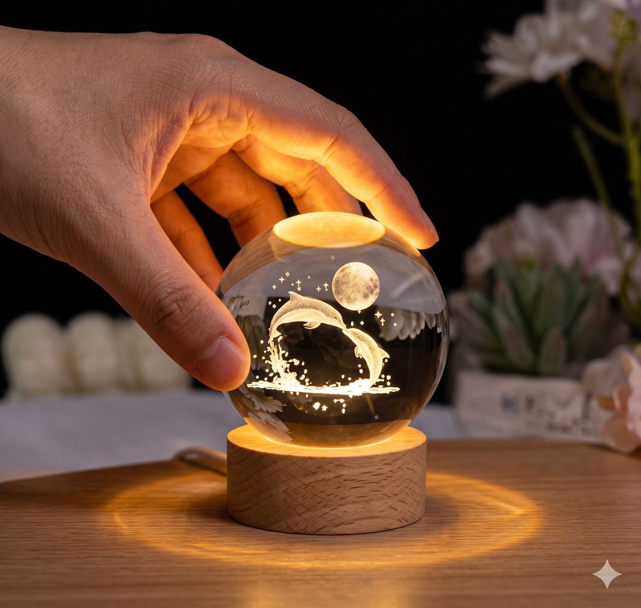 Glass Lamp 3D Moon Dolphin Lamp With Base of Living Room Ornate