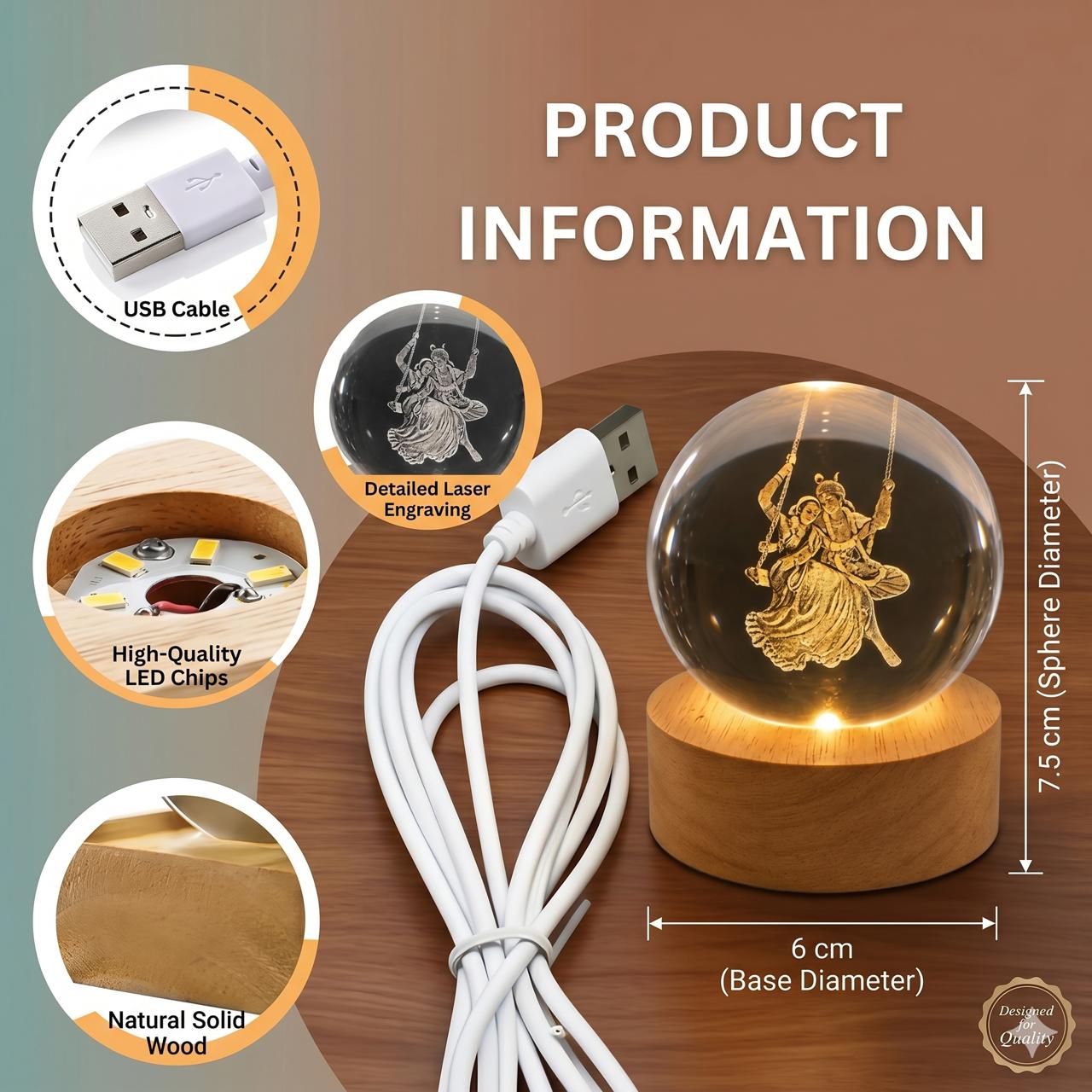 ✨ Radha Krishna 3D Crystal Ball LED Lamp